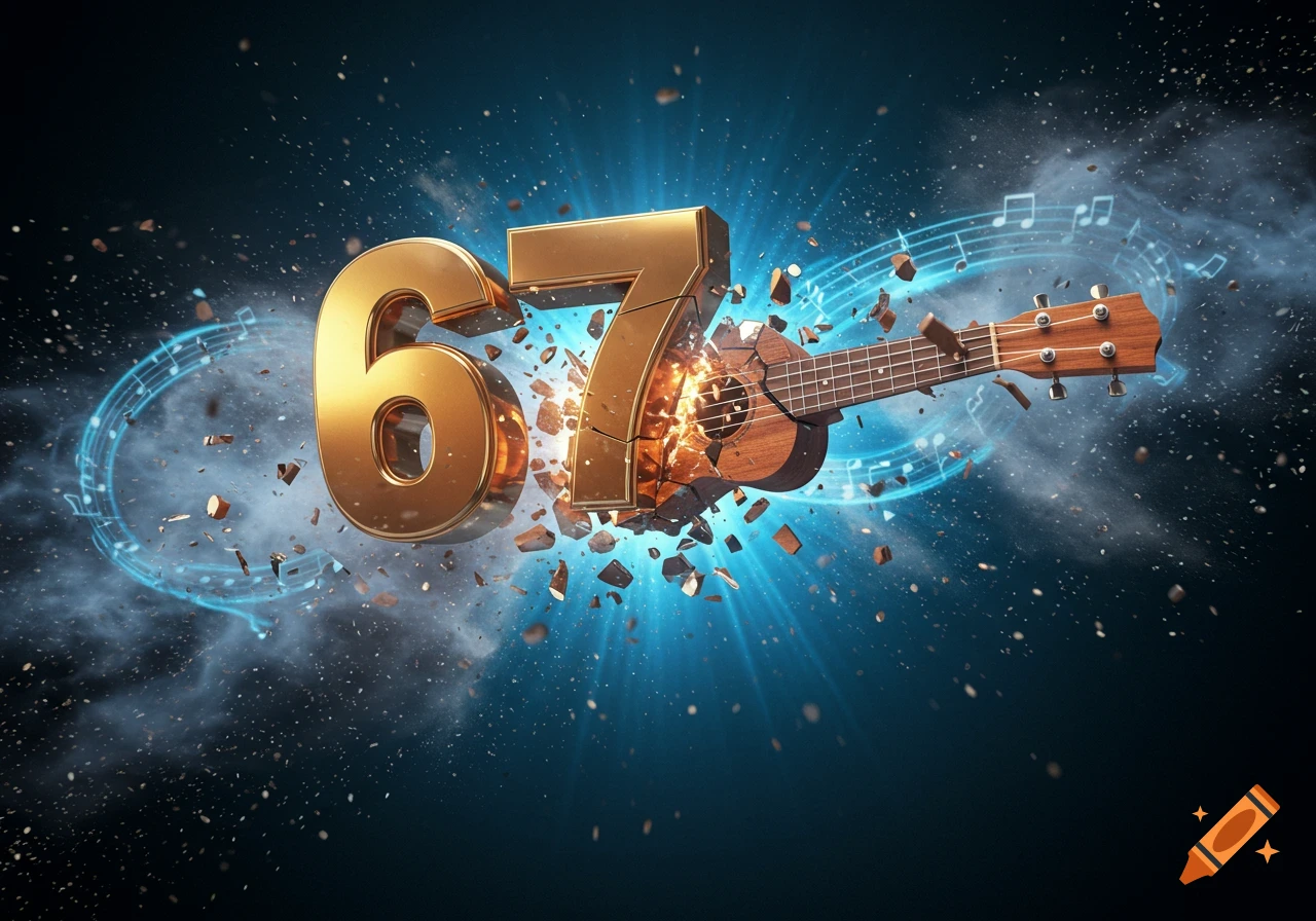 Golden numbers '67' shatter a ukulele in a vibrant 3D render, surrounded by glowing blue musical notes, smoke, and flying debris.