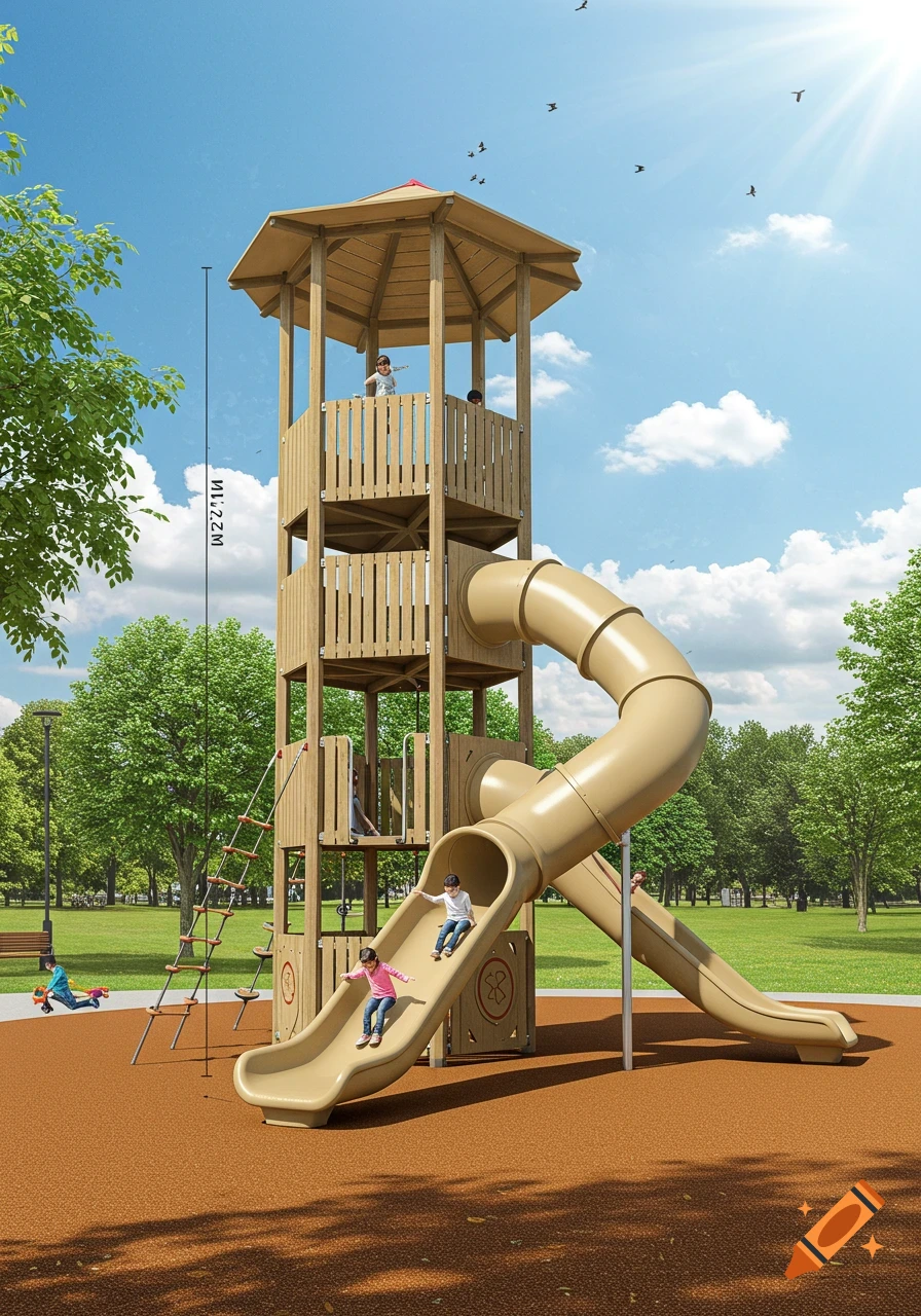 Photorealistic image of a large wooden playground tower with two beige slides. Children play on the slides in a sunny park.