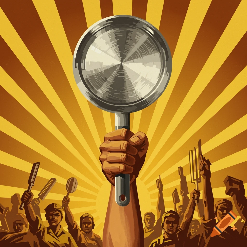 A powerful fist raises a cooking pan against a yellow and brown sunburst, surrounded by a protesting crowd, in Soviet propaganda art style.