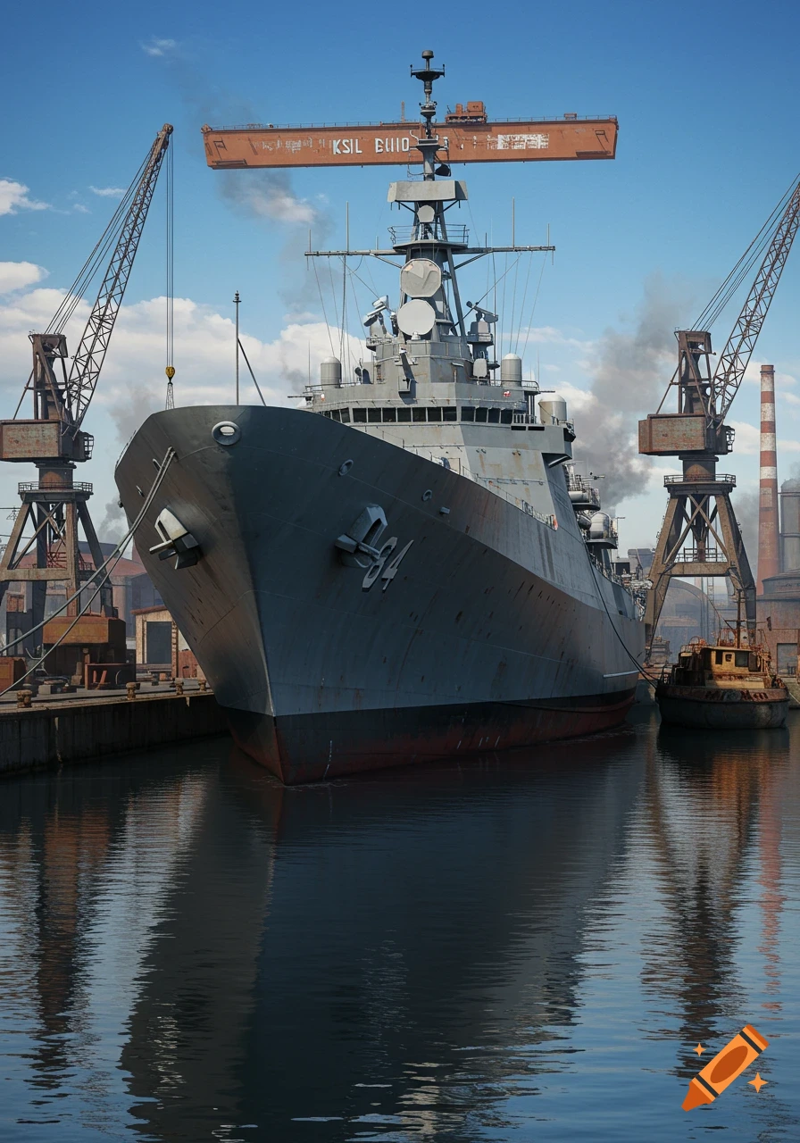 A large grey military ship docked in a harbor, with industrial cranes and factory buildings in the background.
