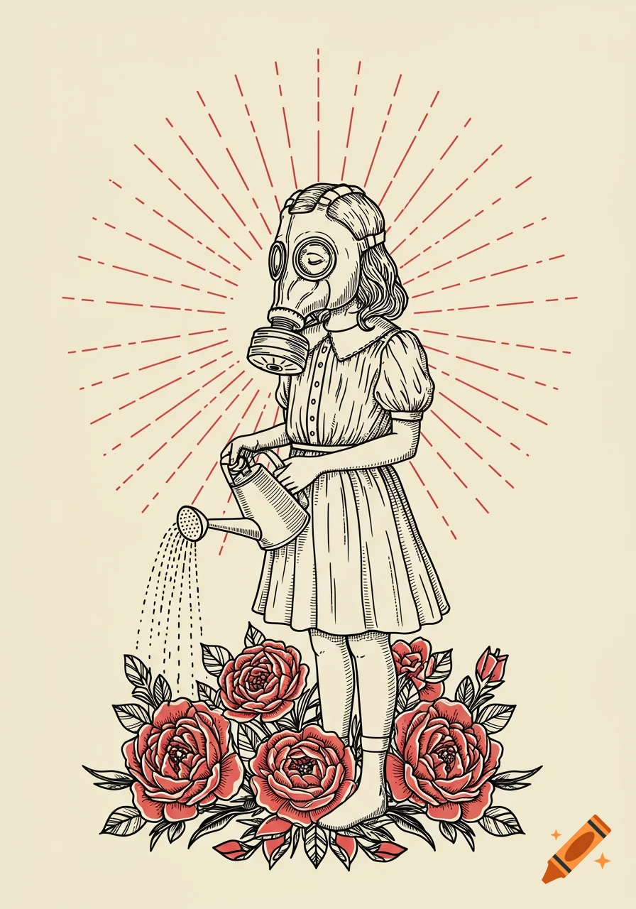 A girl in a gas mask waters red roses in an old-school tattoo style illustration with sunbursts.