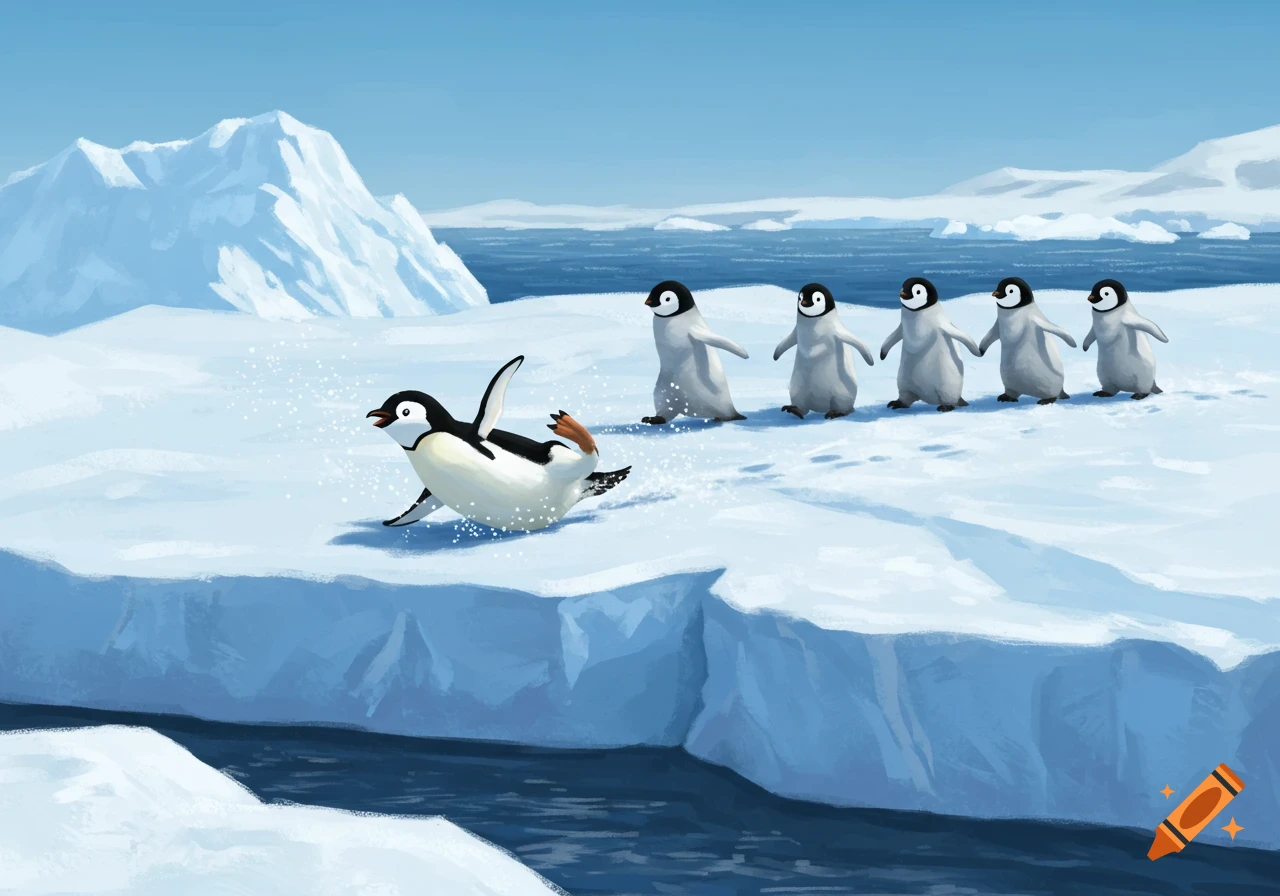 An illustration of a penguin sliding on its belly on an icy surface, while several other penguins walk in a line behind it, in a snowy landscape with icebergs and water.