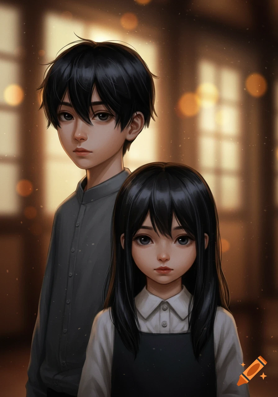 Anime style portrait of a black-haired boy and girl with large eyes.