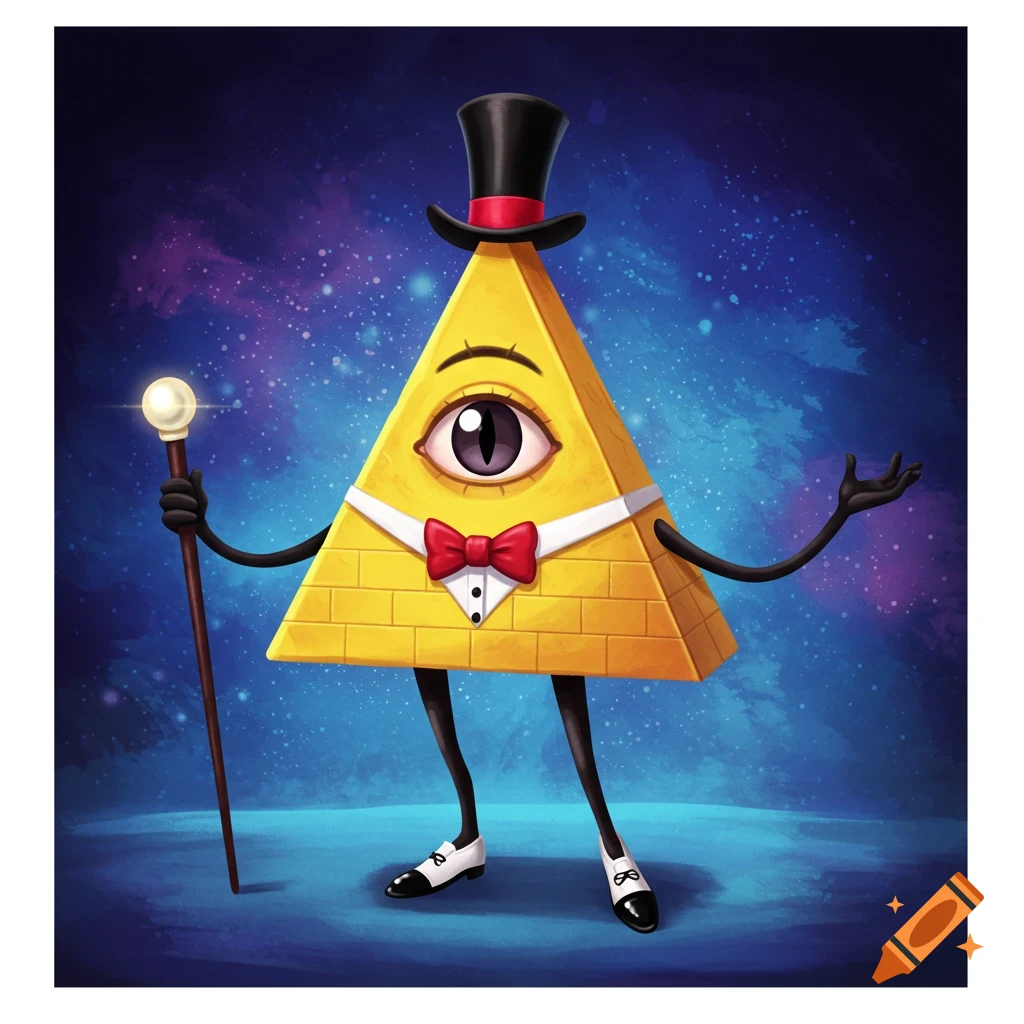 A cartoon yellow triangle character with one eye, wearing a top hat, bowtie, and shoes, holds a glowing cane against a starry background.