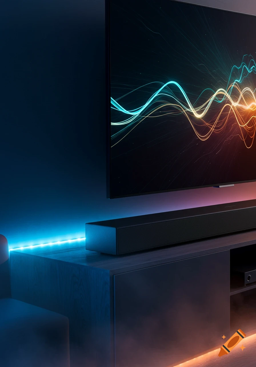 A modern living room setup with a large TV showing abstract wavy lights, a soundbar, and a media cabinet, illuminated by blue and orange LED strip lights.