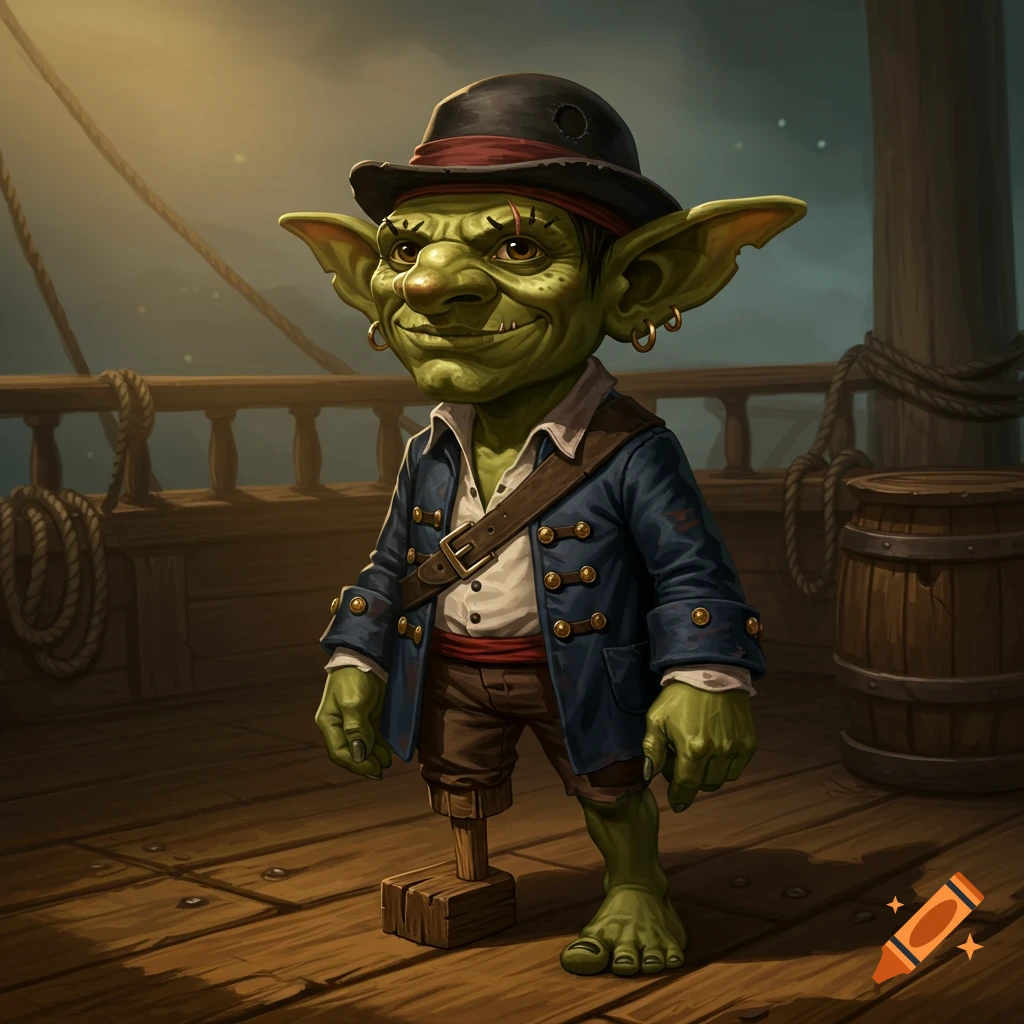 A green-skinned goblin pirate with a wooden leg, wearing a blue coat and black hat, stands on a ship deck.