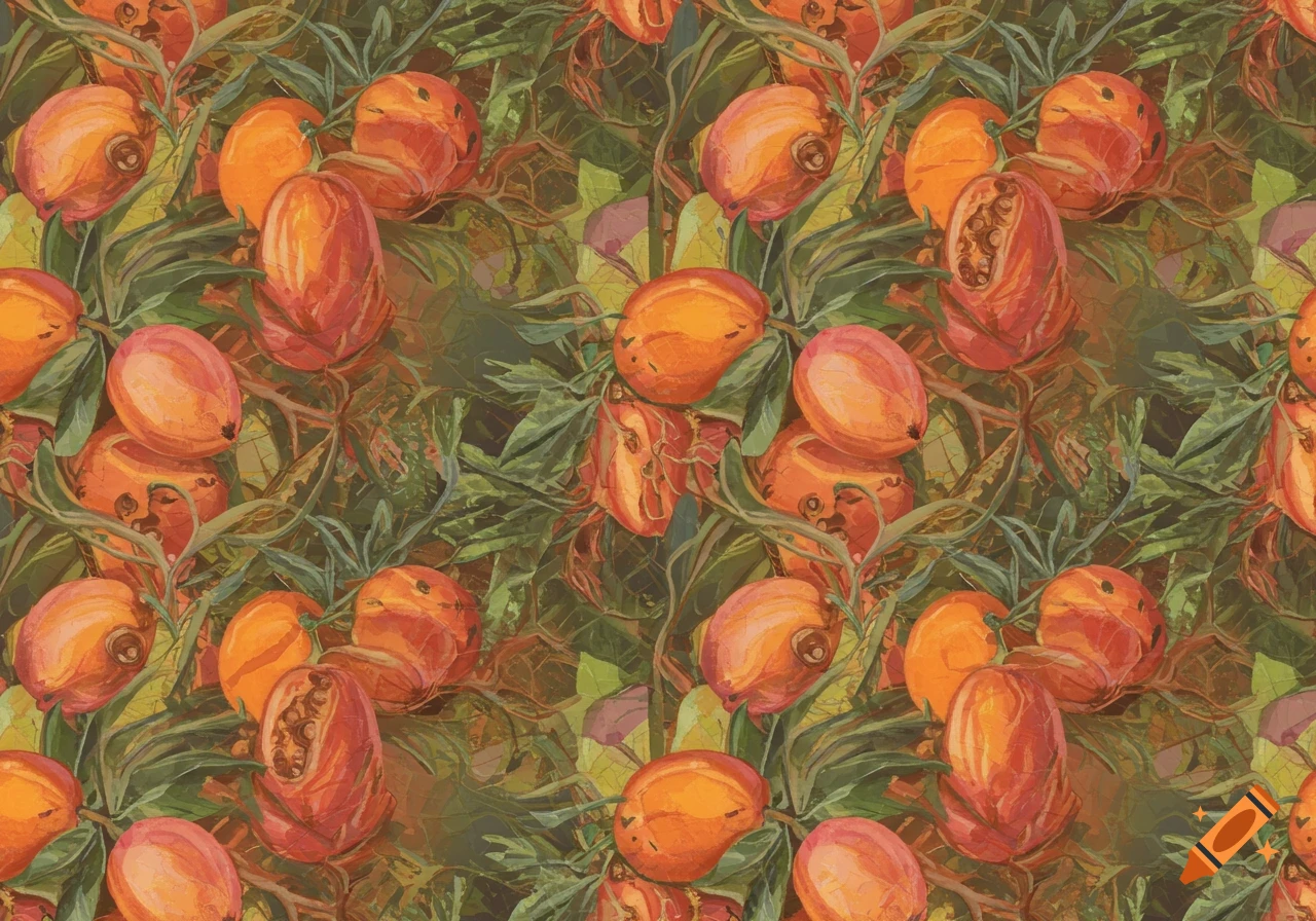 Seamless pattern of ripe orange hala fruits and green leaves in a painterly style.