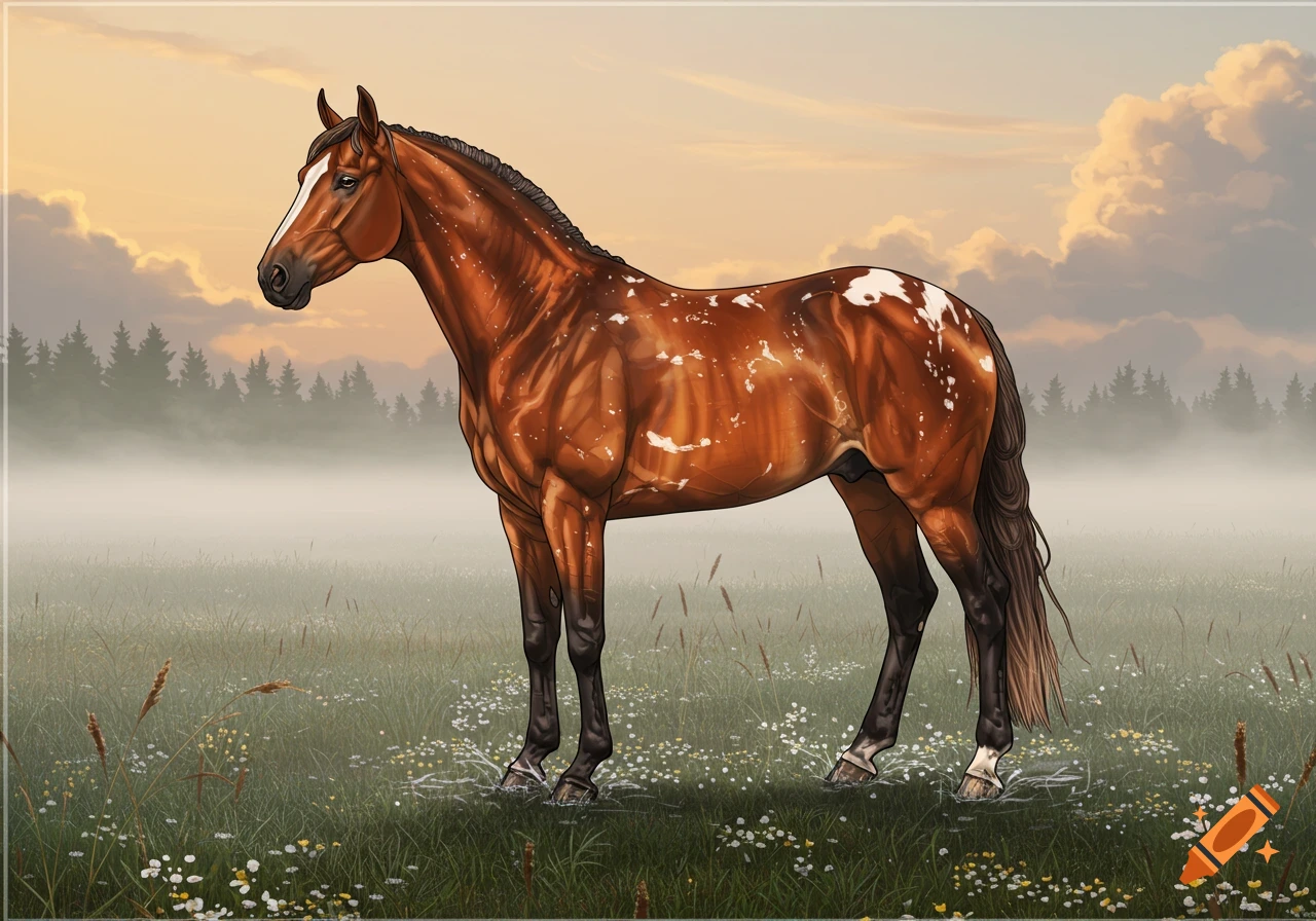 A brown and white spotted horse stands in a misty grassy field with wildflowers at dawn.