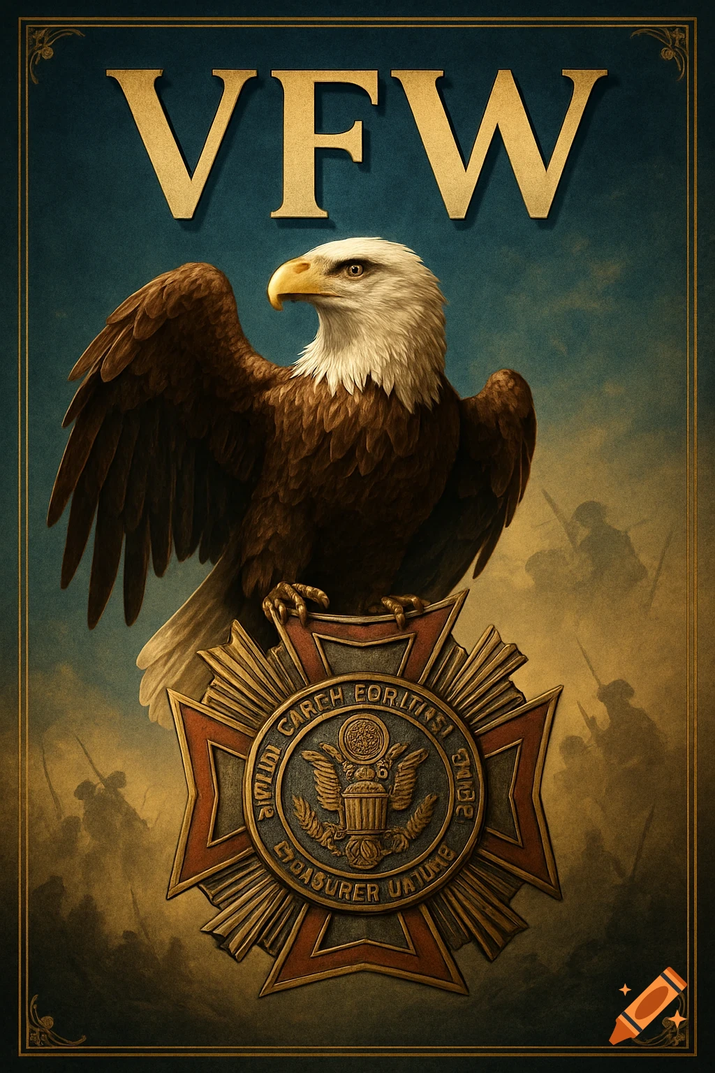 A patriotic poster with a bald eagle perched on a medal, with "VFW" at the top, and silhouetted soldiers in the background.