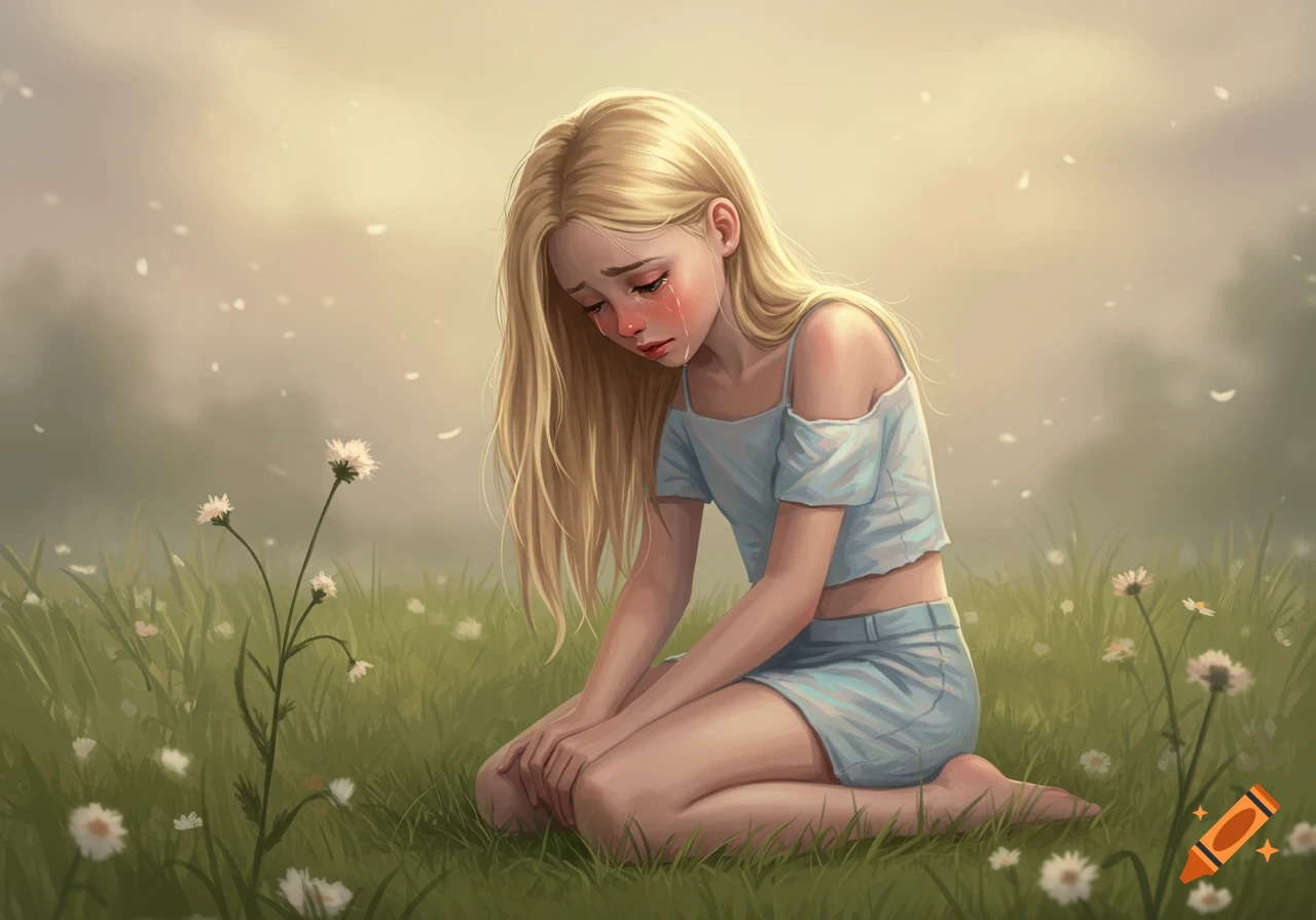 Blonde girl kneeling and crying in a grassy field with white flowers, digital art.