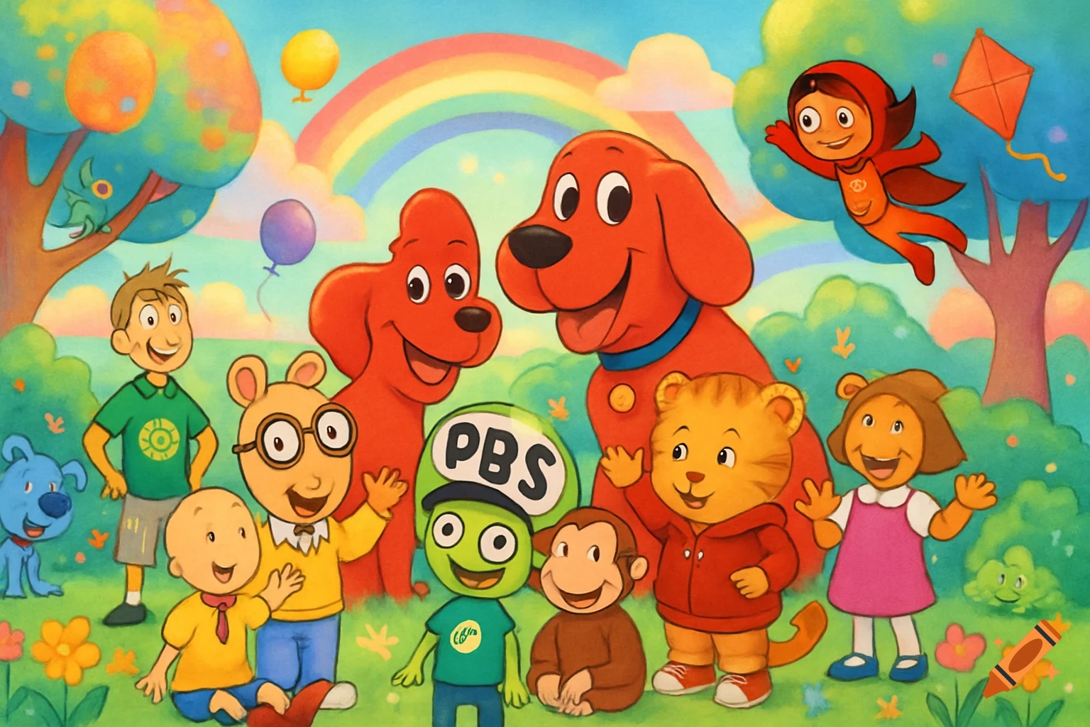Many colorful PBS Kids cartoon characters including Clifford, Arthur, and Caillou stand in a bright, outdoor scene with a rainbow.
