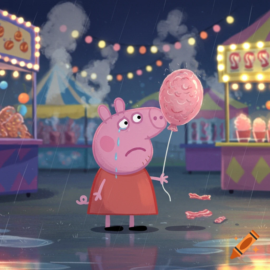 Peppa Pig cries while holding a pink balloon at a rainy carnival, with bacon strips on the wet ground.