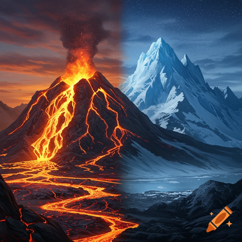 Split image showing an erupting lava volcano on the left and snowy ice mountains under a night sky on the right.