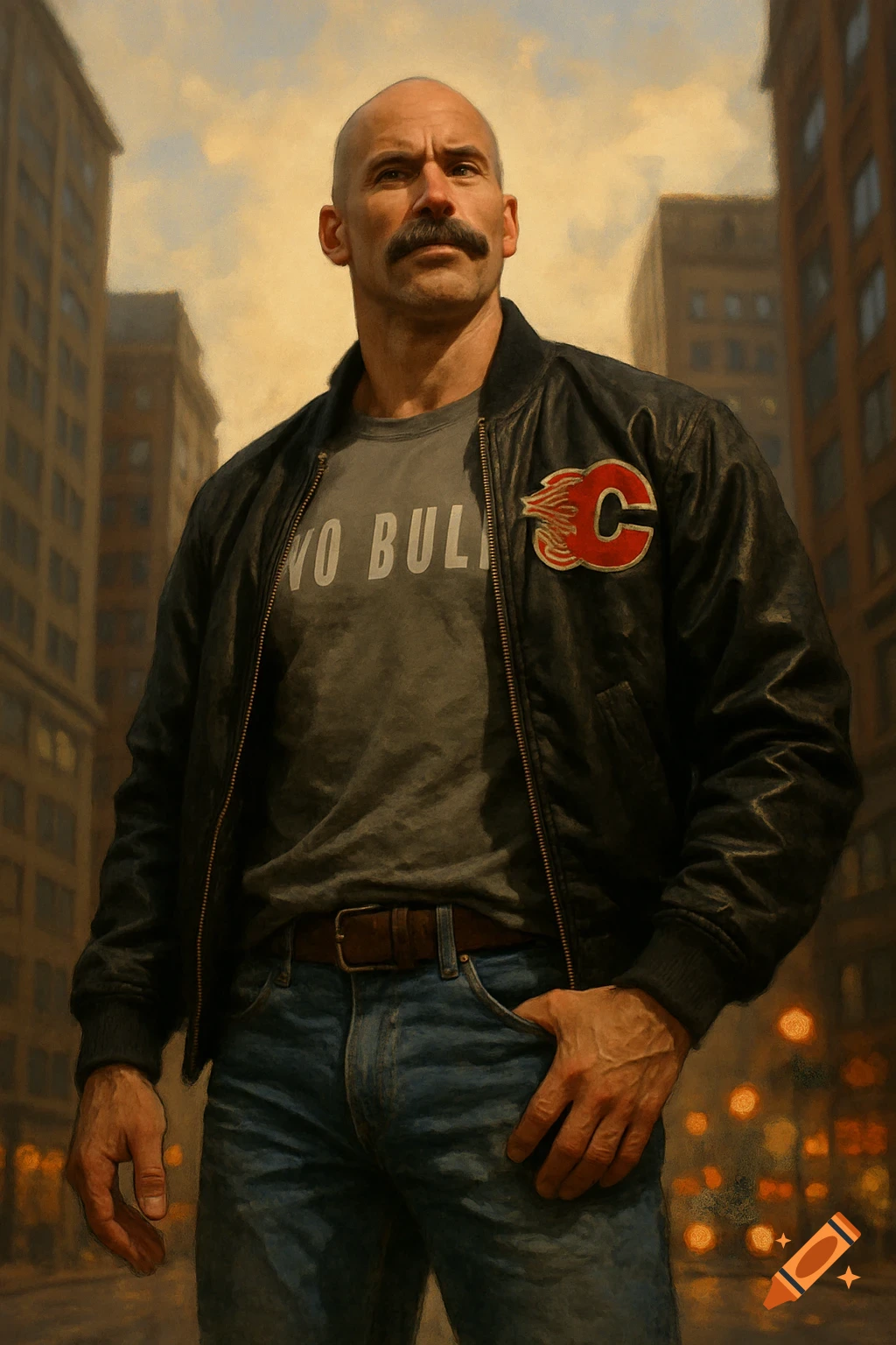 A bald man with a prominent mustache wears a black bomber jacket, a grey t-shirt, and jeans in an urban setting.