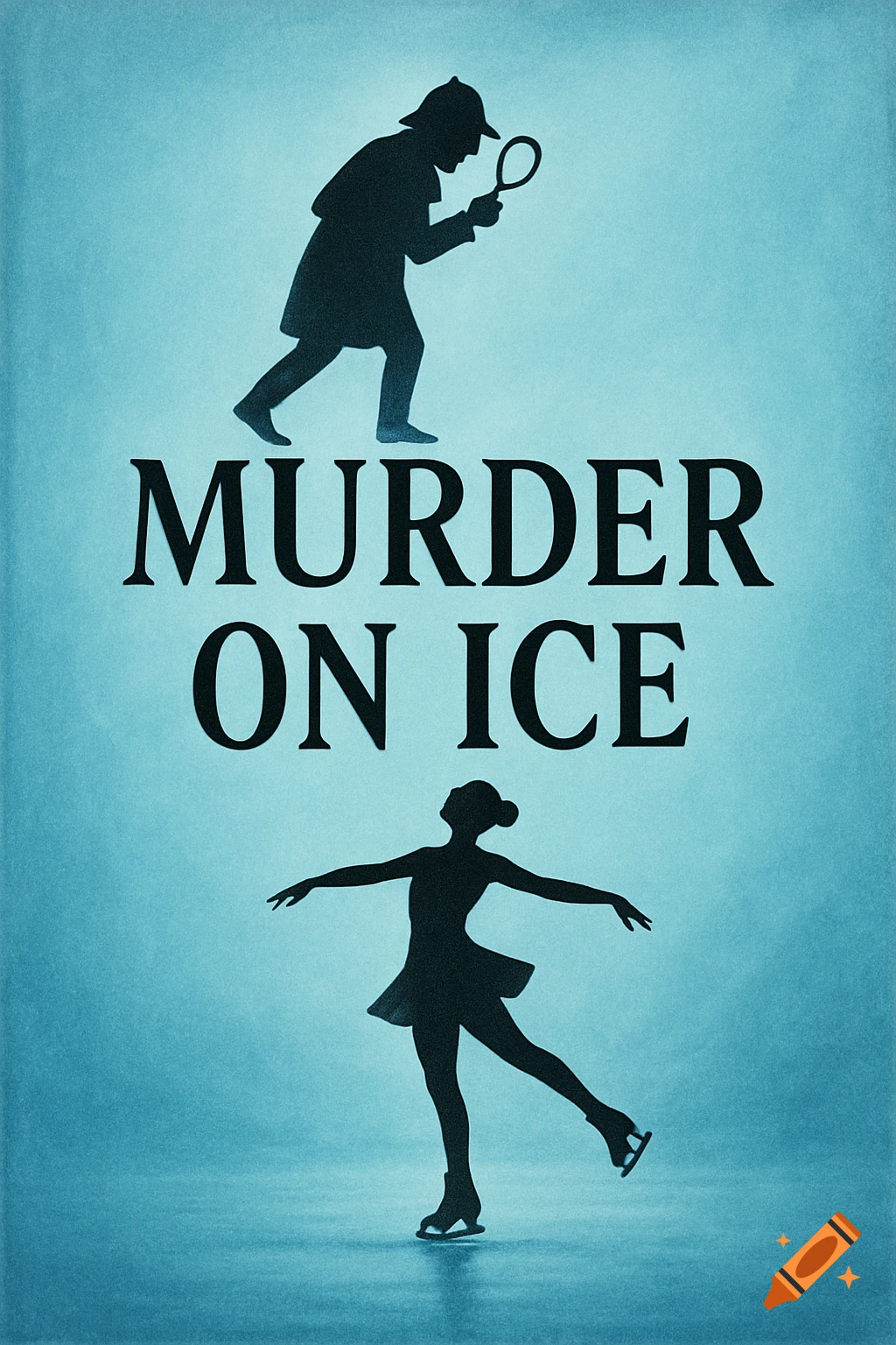 Ice blue book cover with black silhouettes of a detective and a figure skater, and the title 'MURDER ON ICE'.