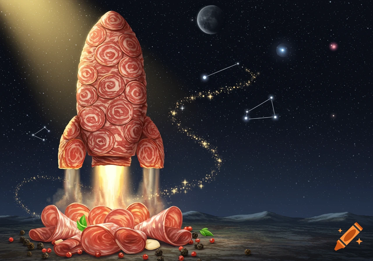 A whimsical illustration of a salami rocket launching from a dark planet into a starry space with a crescent moon.