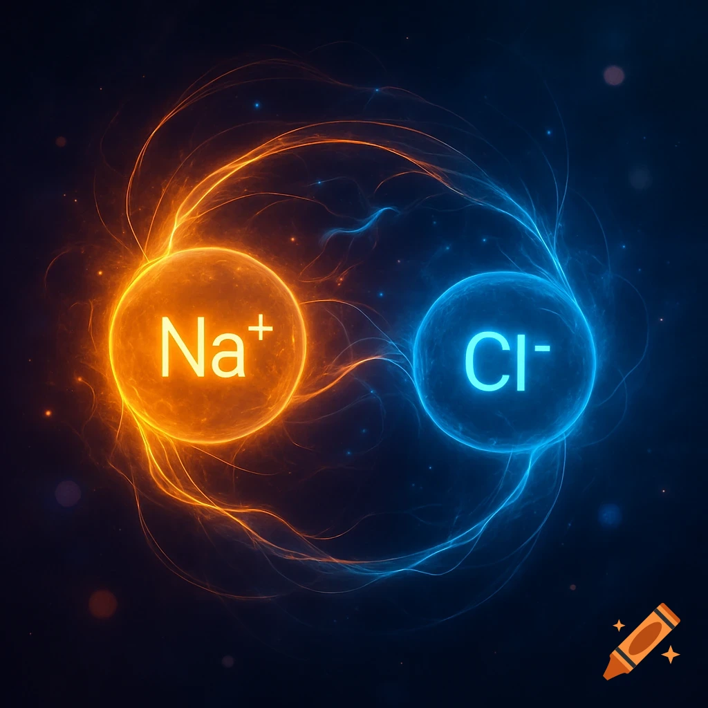 Glowing orange Na+ and blue Cl- ions form an ionic bond with energy trails on a dark background in a digital style.