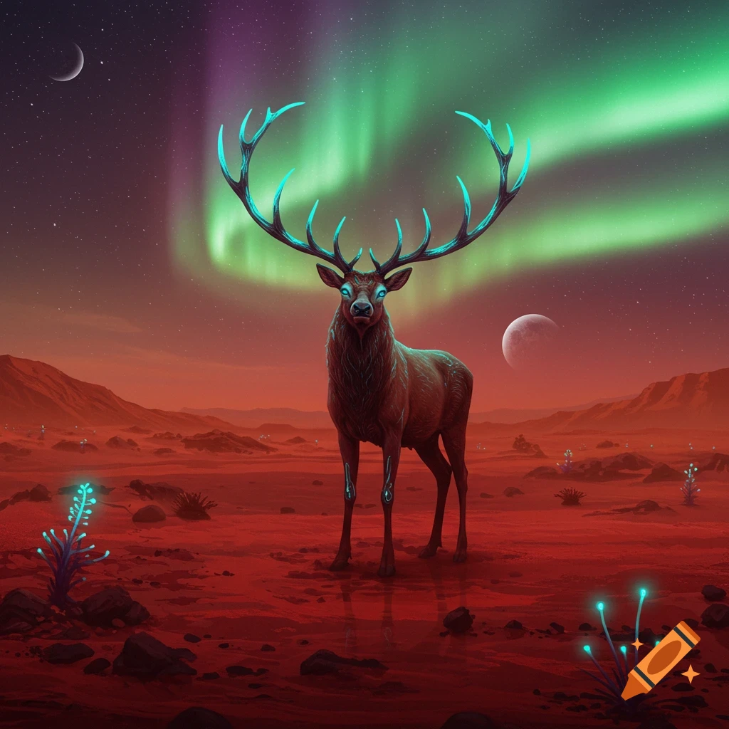 A majestic stag with glowing blue antlers and eyes stands on a red Martian landscape under a green aurora, with celestial bodies in the starry sky.
