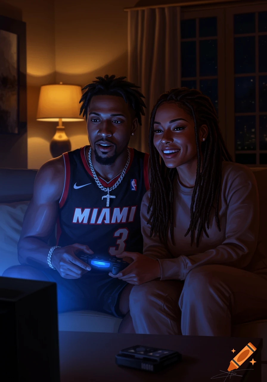 A man in a Miami Heat jersey and a woman with locs sit on a couch playing video games in a dimly lit, cozy living room. Realistic style.