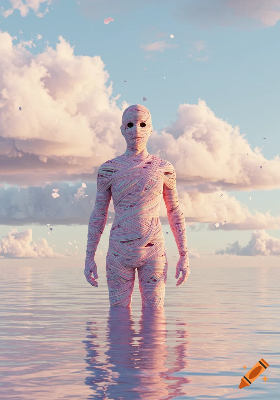 A stylized figure wrapped in pink, blue, and white bands stands in shallow, reflective water under a cloudy, pastel sky.