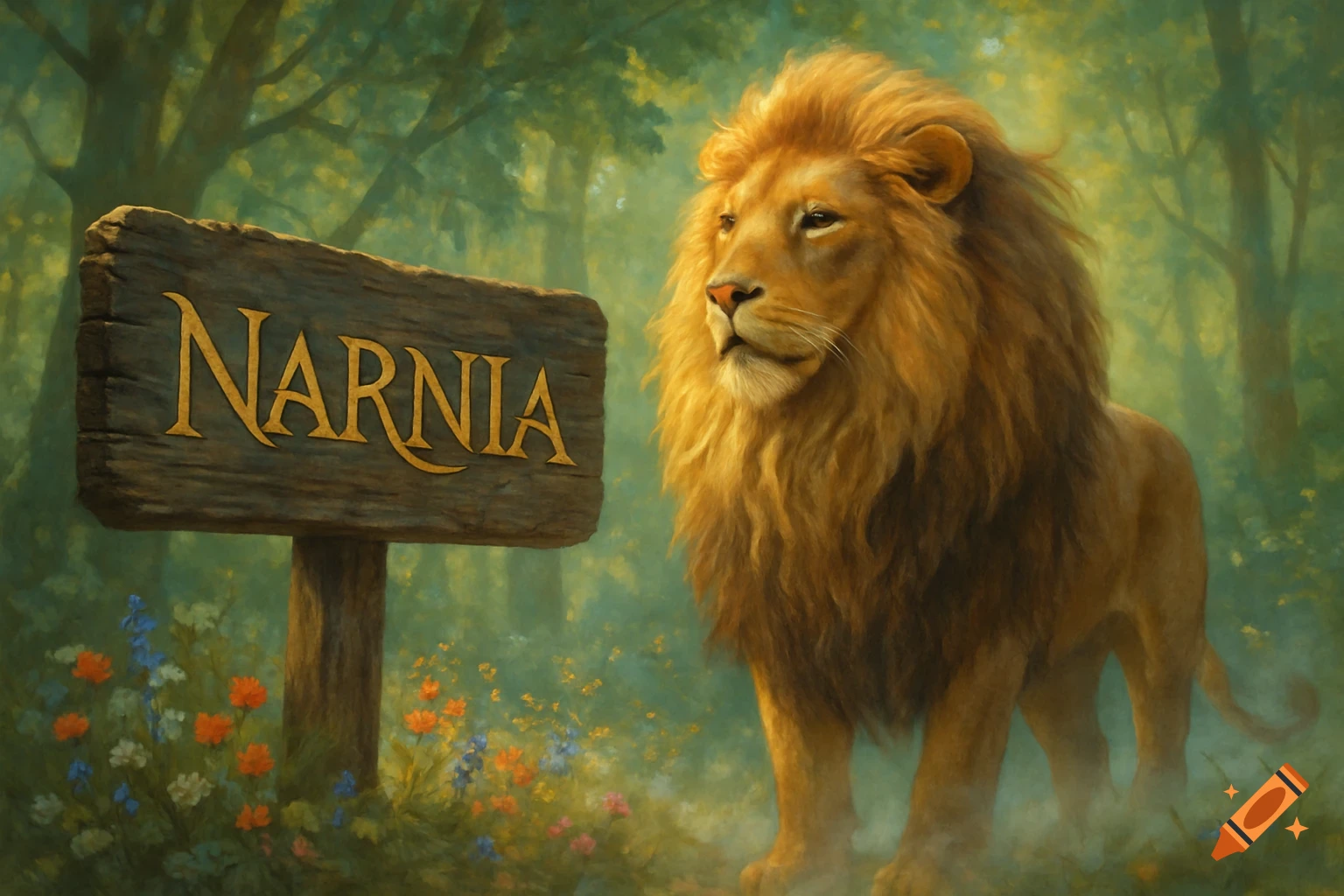 A majestic lion stands next to a wooden sign reading 'NARNIA' in a vibrant, painterly forest.