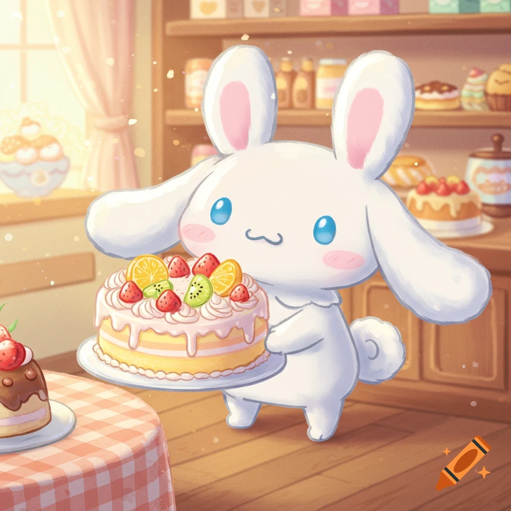 Cute Cinnamoroll character holding a fruit-topped cake in a pastel-toned bakery, cartoon style.