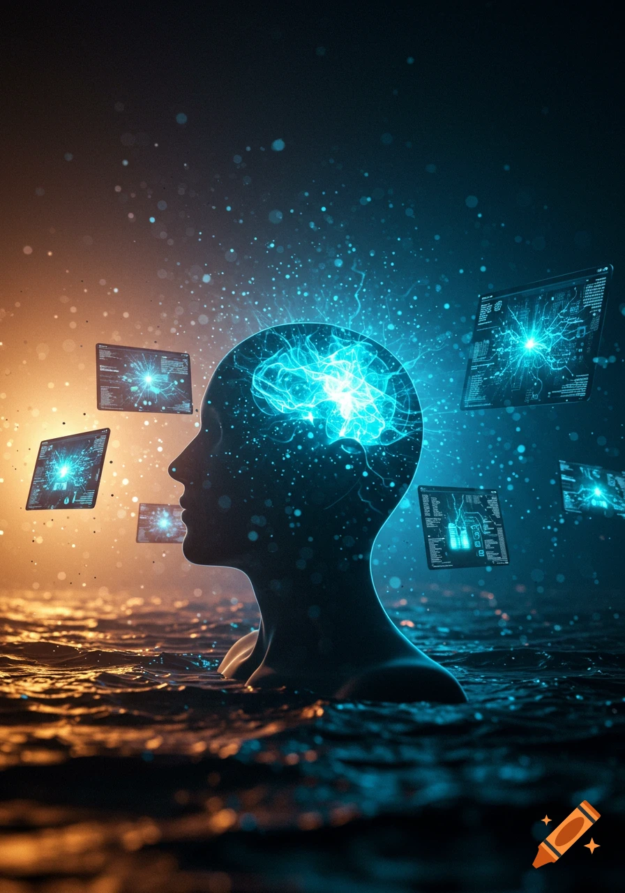 Silhouette of a person with a glowing blue brain emerging from water, surrounded by floating digital screens in a futuristic, conceptual scene.