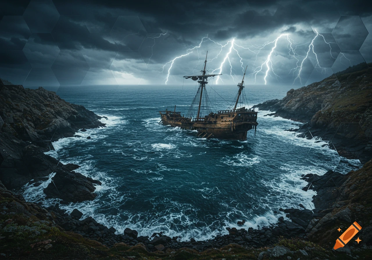 Photorealistic bird's-eye view of a shipwreck in a stormy cove with lightning and a subtle hexagonal overlay.