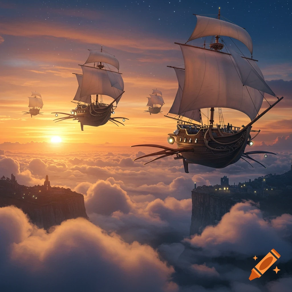 Several steampunk-style flying ships soar above a sea of clouds and distant cliffs during a vibrant sunset.