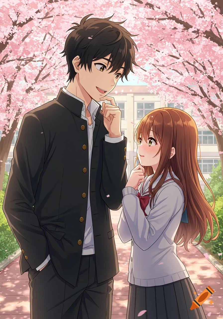 A tall anime high school boy and a short girl look at each other romantically under cherry blossom trees, with a school building in the background.