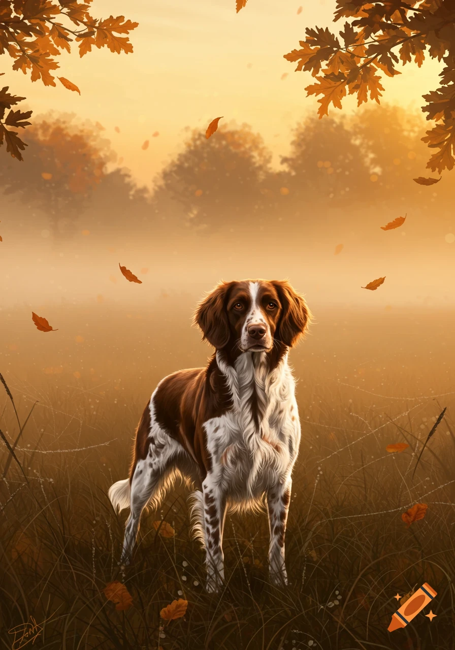 A brown and white dog stands in a misty autumn field with golden light and falling leaves, digital painting style.