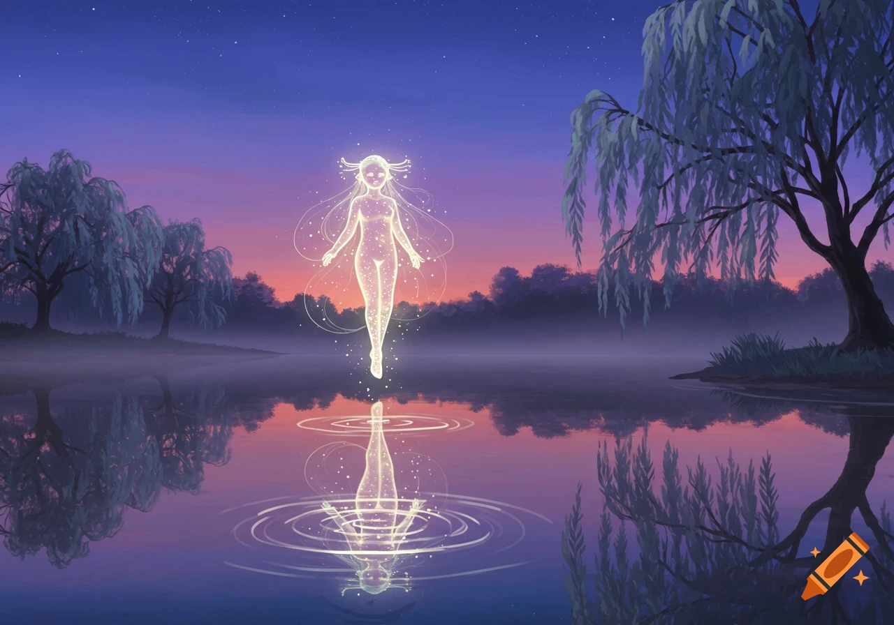 Glowing ethereal spirit floats above a twilight lake, reflecting among weeping willows under a starry sky, digital art.