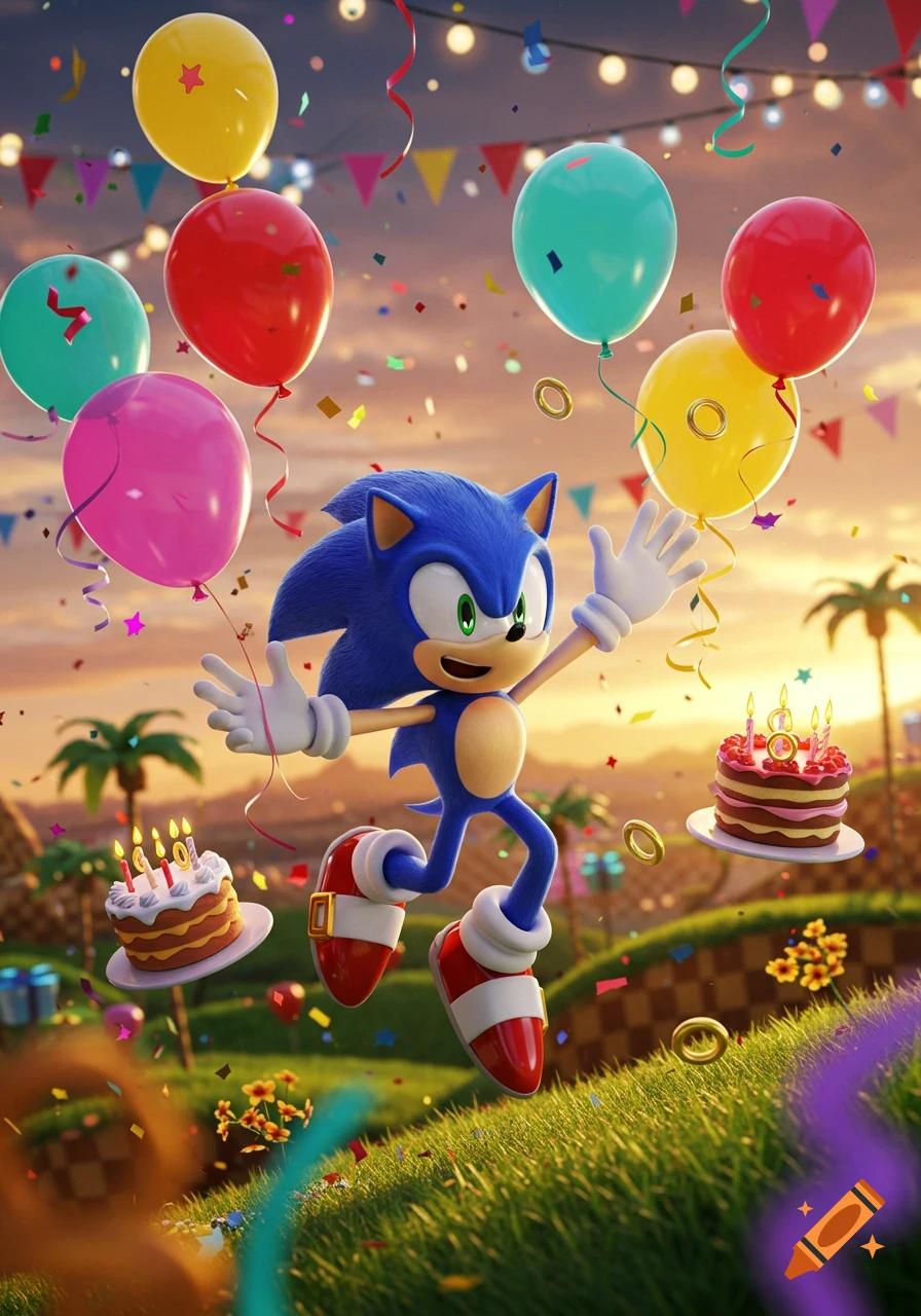 Sonic the Hedgehog jumps happily amidst colorful balloons, confetti, golden rings, and birthday cakes in a vibrant, sunny outdoor party scene.