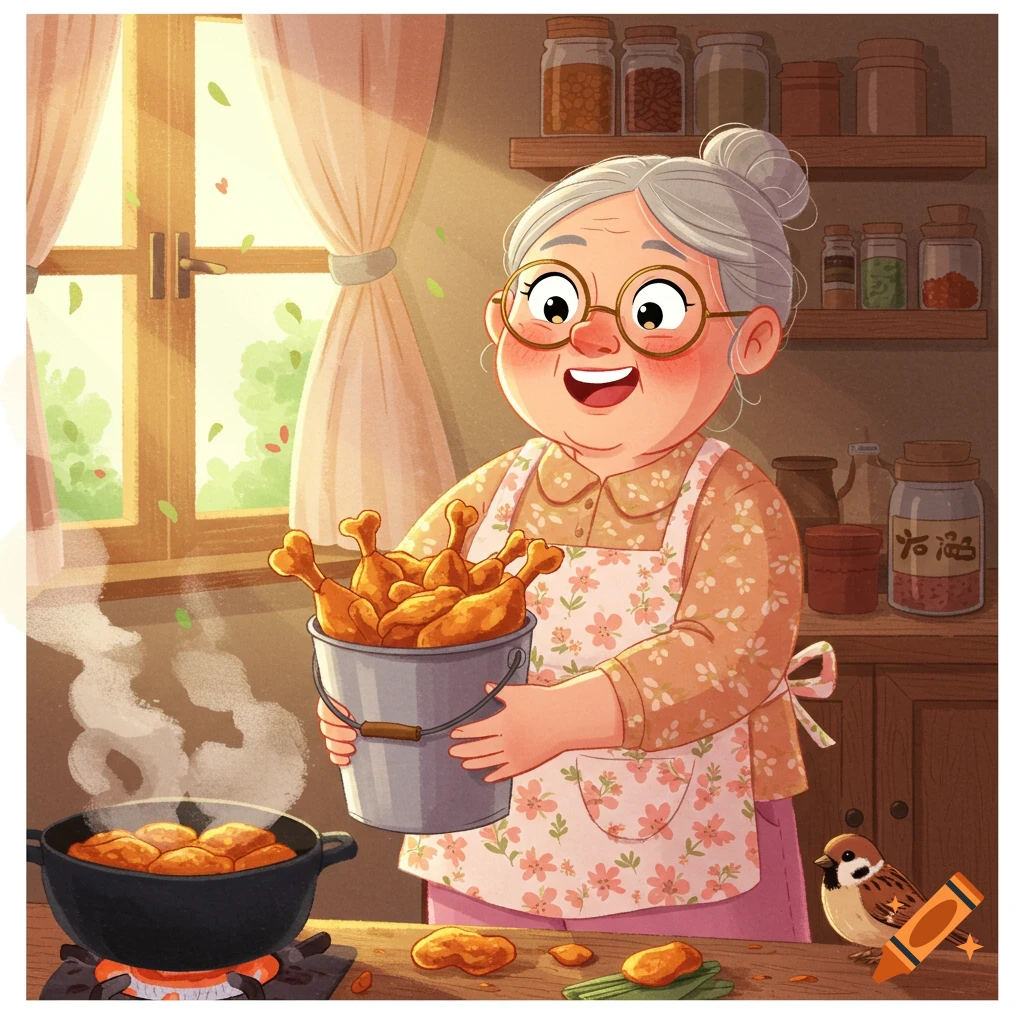 A smiling cartoon grandmother in an apron holds a bucket full of fried chicken pieces in a sunny kitchen, with more frying on the stove and a bird on the counter.