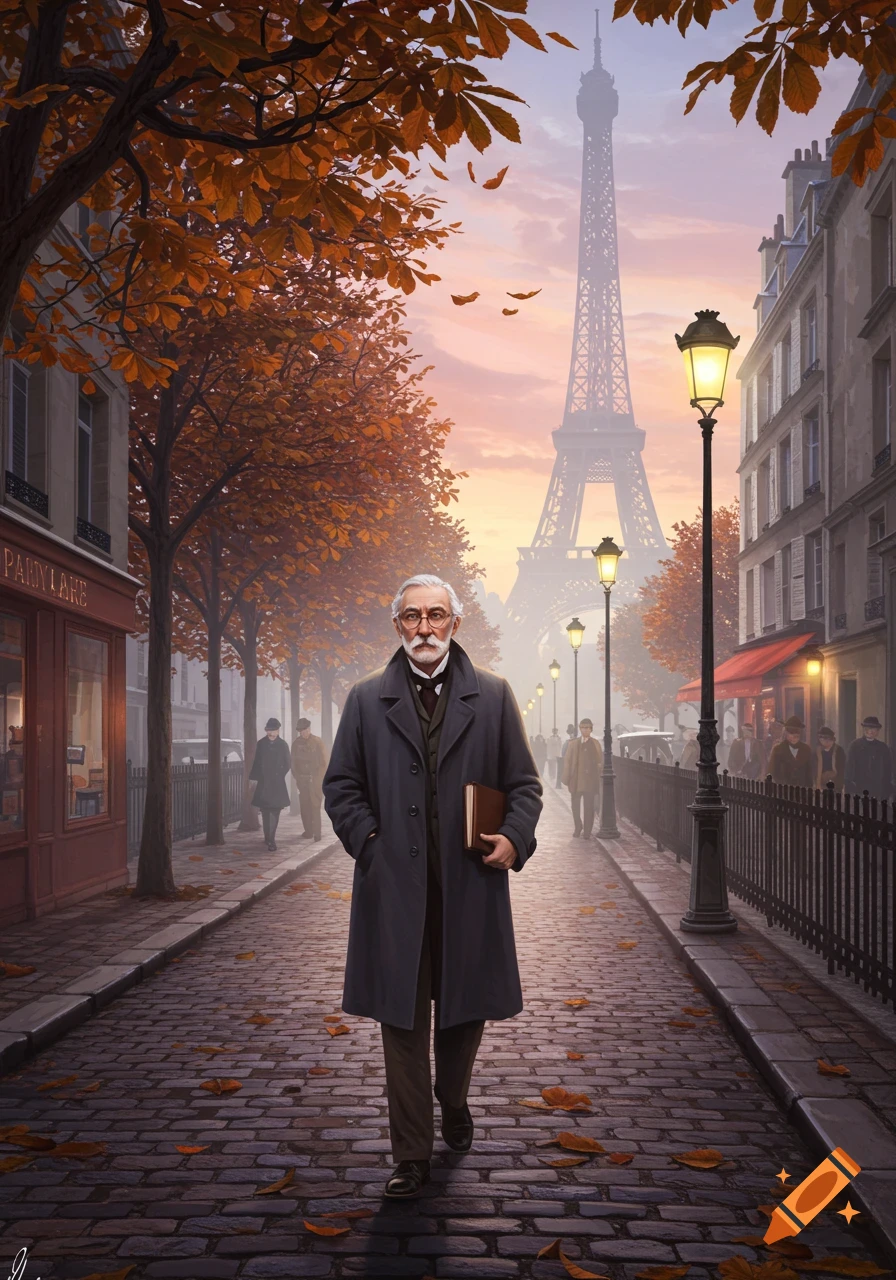 A man in a long coat walks on a cobblestone street lined with autumn trees, with the Eiffel Tower in the misty background.