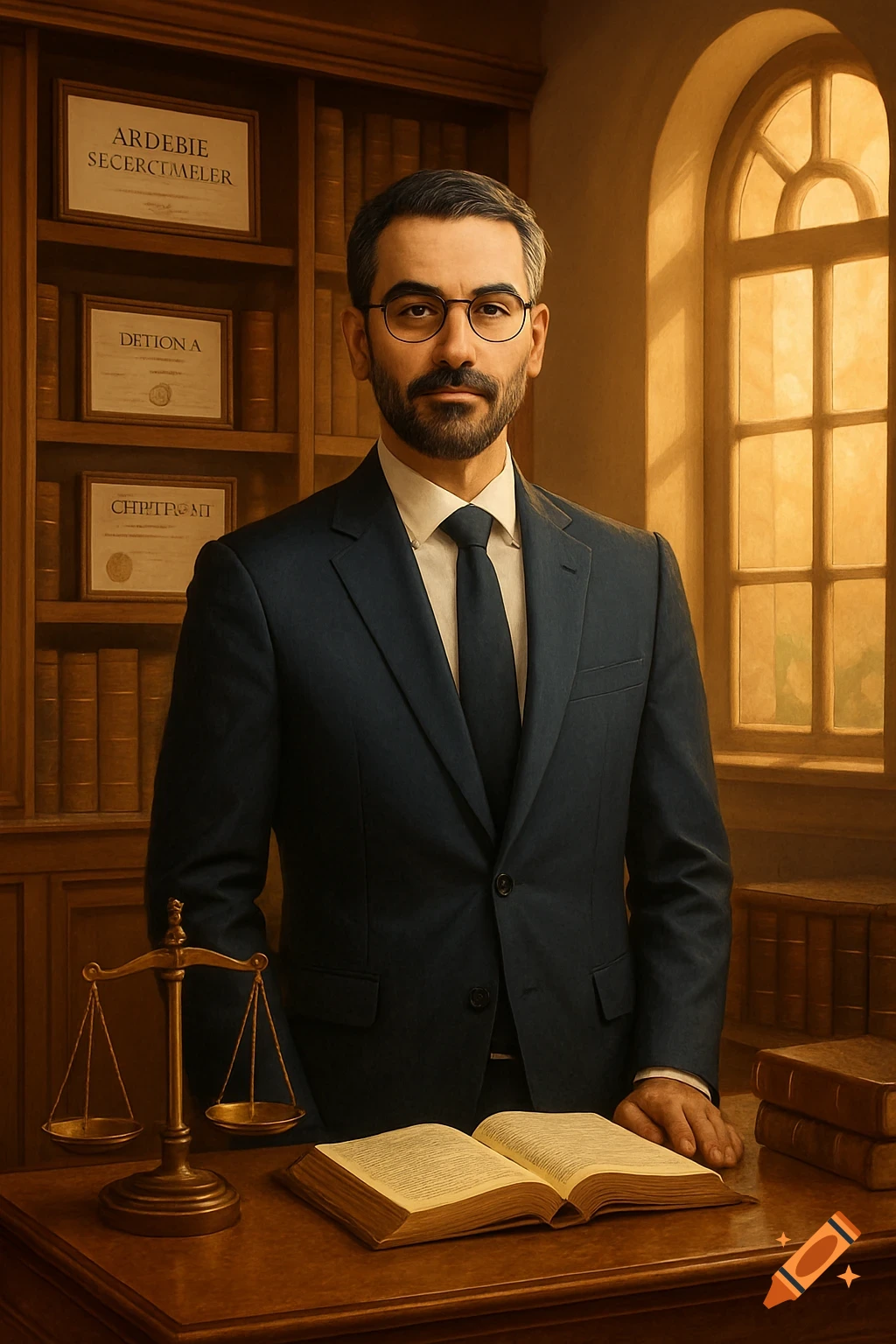 A serious male lawyer in a dark suit and glasses stands behind a wooden desk with an open book and scales of justice, in a traditional office with bookshelves.