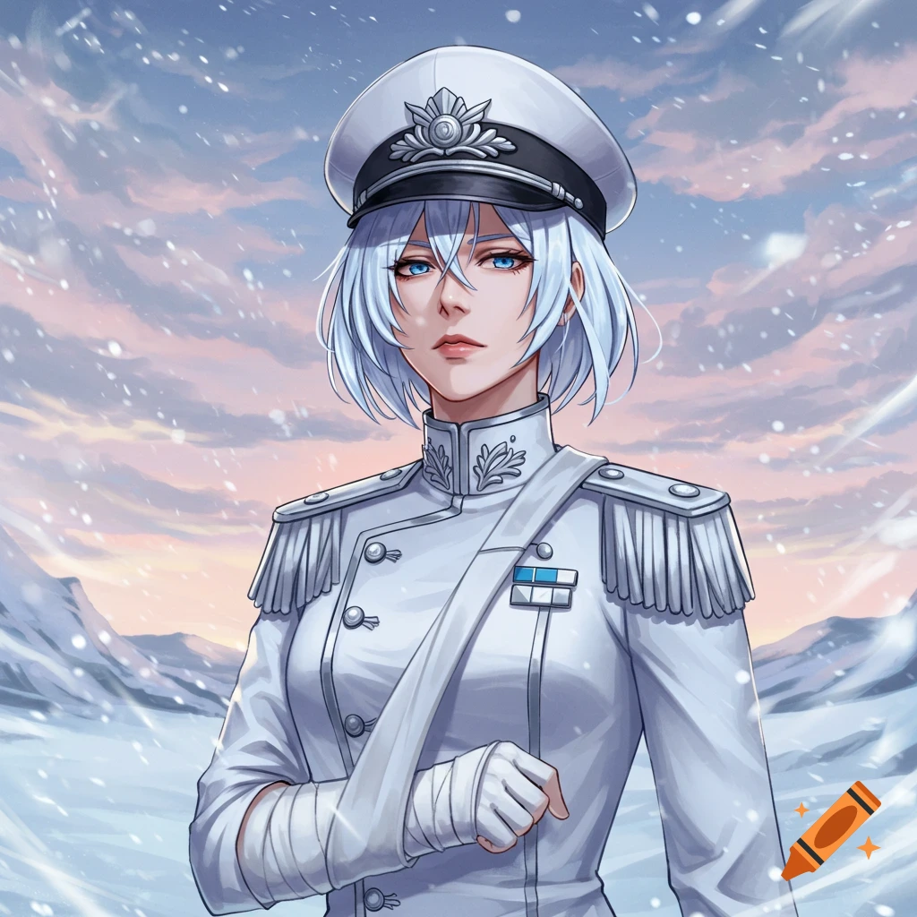 Anime character Esdeath in a white military uniform with her arm in a sling, standing in a snowy mountain landscape at dawn.