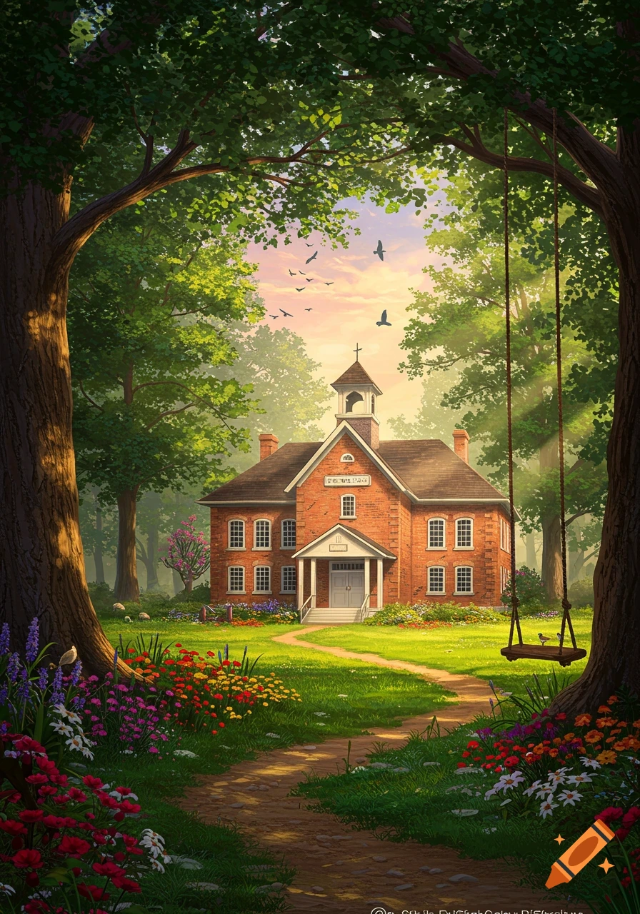 An idyllic red brick schoolhouse nestled in a lush green clearing, framed by two large trees. Colorful flowers bloom in the foreground, a dirt path leads to the school, and a wooden swing hangs from a tree. Birds fly in the soft, glowing sky.