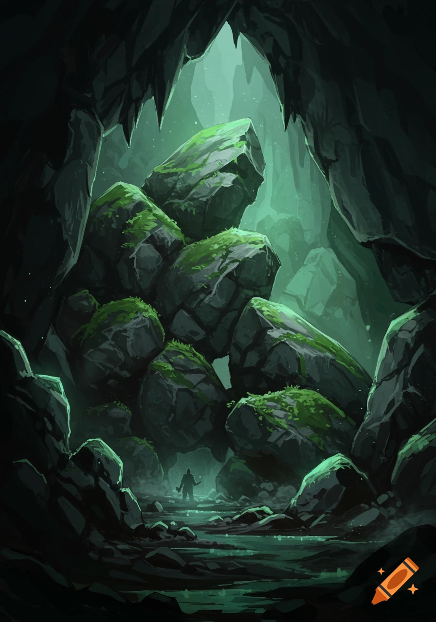 A dark, green-lit cave with moss-covered boulders and a lone silhouette in the distance, stylized illustration.