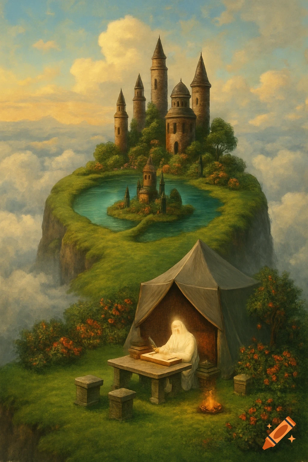 A painterly fantasy scene of a floating mountain island with a castle and a serene figure writing in a tent above the clouds.