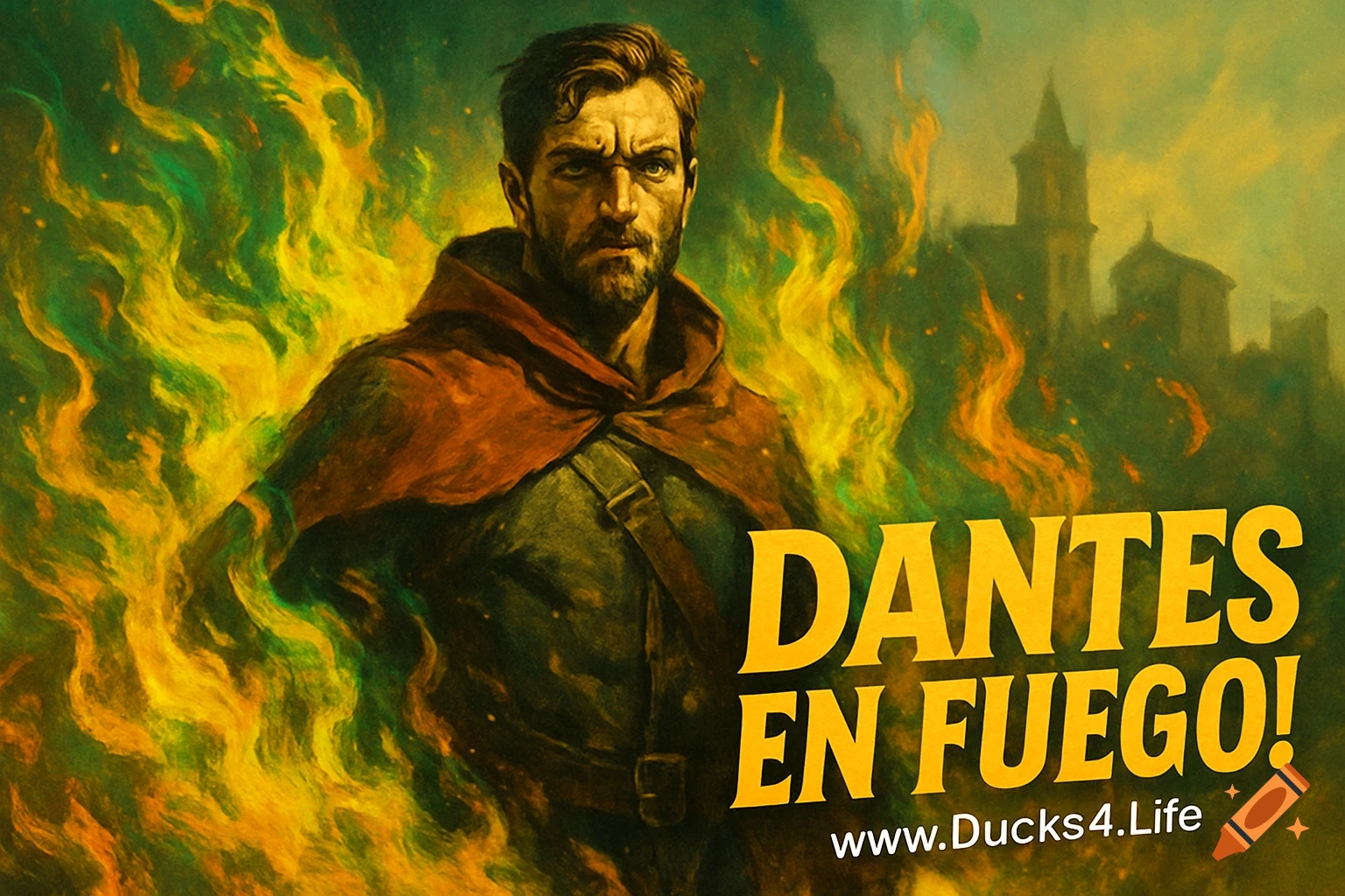 A stern man in a red hooded cloak stands engulfed in vibrant green and yellow flames, with a medieval town in the background. Text reads "DANTES EN FUEGO!" and "www.Ducks4.Life".