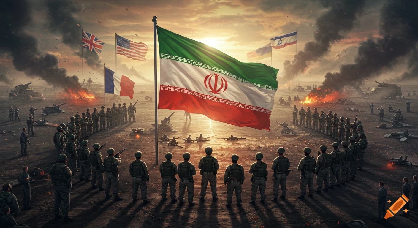 A majestic Iranian flag stands tall on a battlefield at sunset, surrounded by soldiers. Other flags and destruction are in the distance.