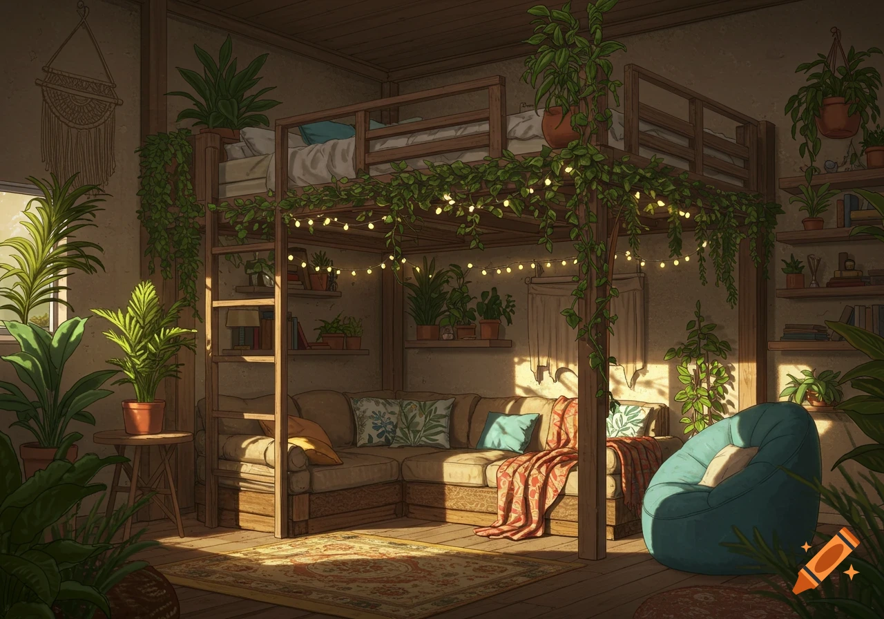 Cozy bohemian room with a loft bed, L-shaped couch, many potted plants, and string lights, illuminated by dappled sunlight in an illustrative style.
