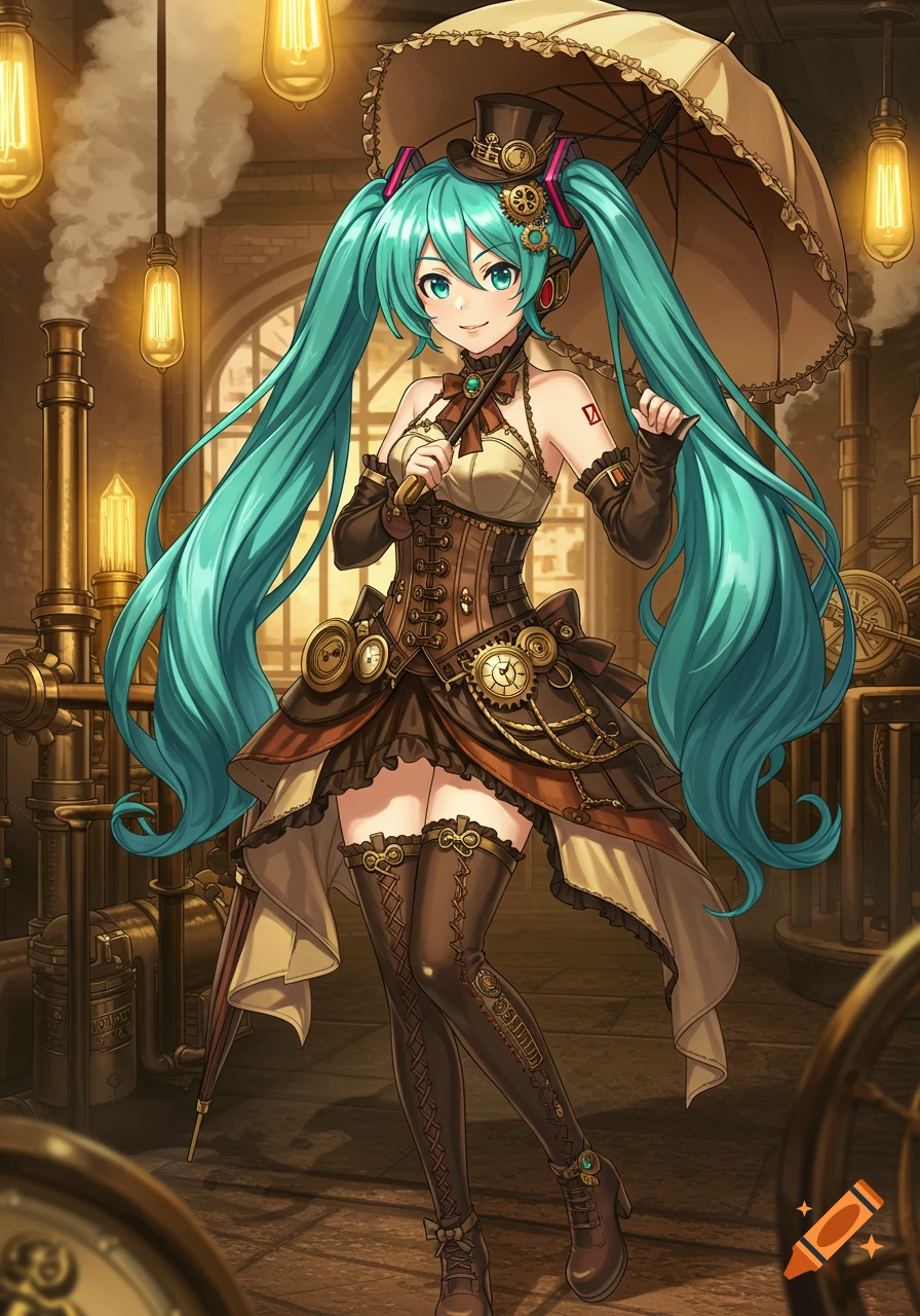 Hatsune Miku in a detailed steampunk outfit, holding an umbrella, surrounded by machinery.