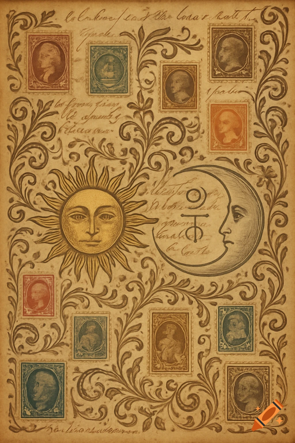 A vintage-style page with ornamental borders, various postage stamps, and illustrations of a sun with a face and a crescent moon with a face, alongside cursive script.