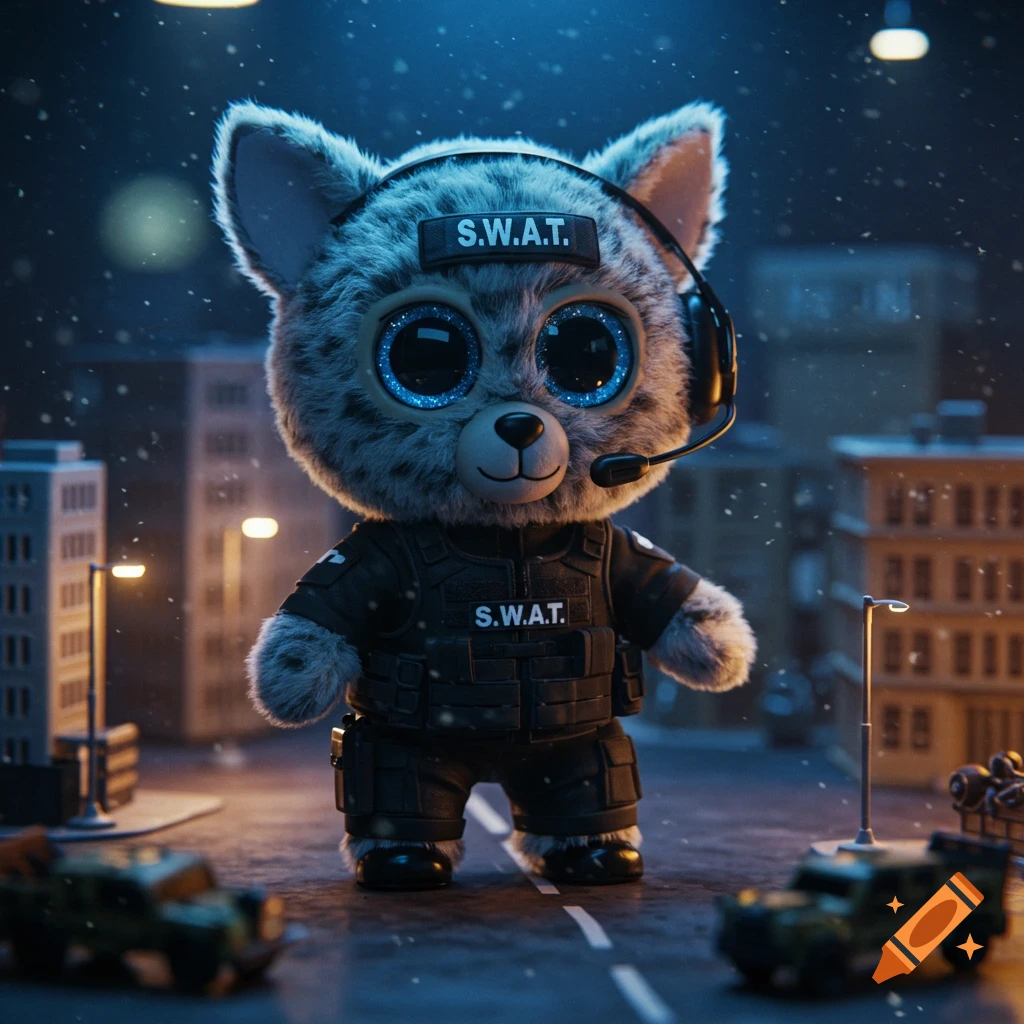 A fluffy grey cat-like beanie boo plush toy in a black SWAT uniform stands on a snowy city street at night.