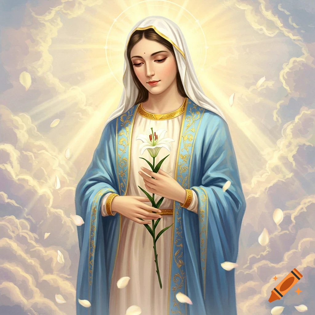 Serene Virgin Mary in white veil and blue robe, holding a white lily amidst luminous clouds and golden light.