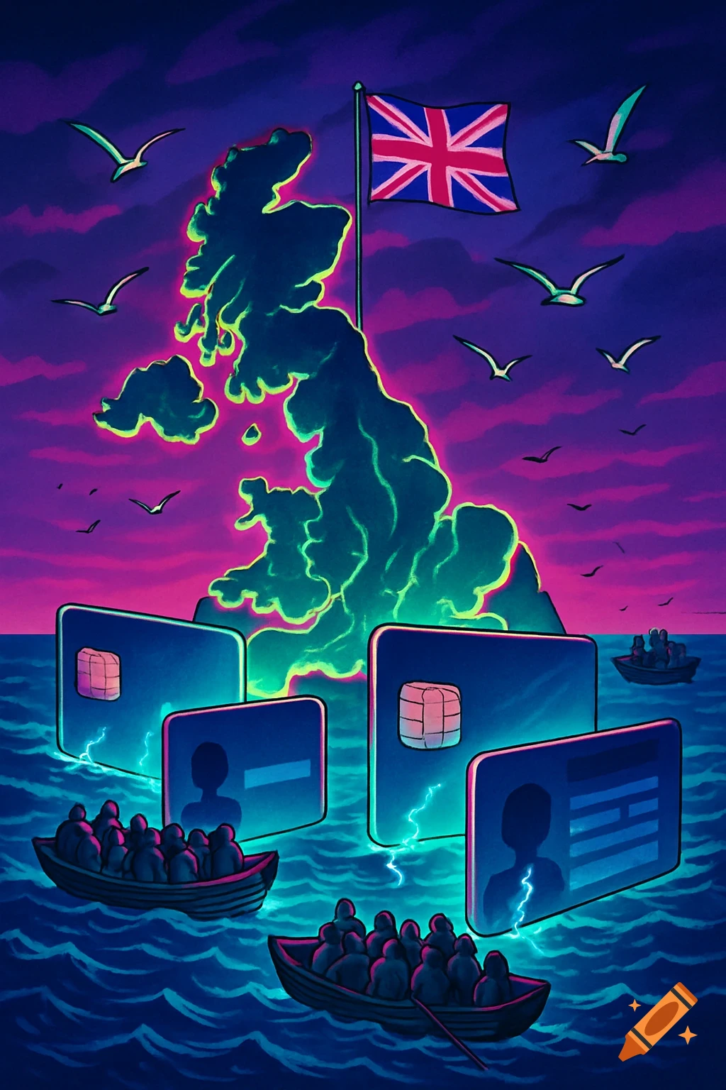 Cartoon illustration of glowing UK map above choppy seas with migrant boats halted by large digital ID/credit card barriers, under a Union Jack flag.