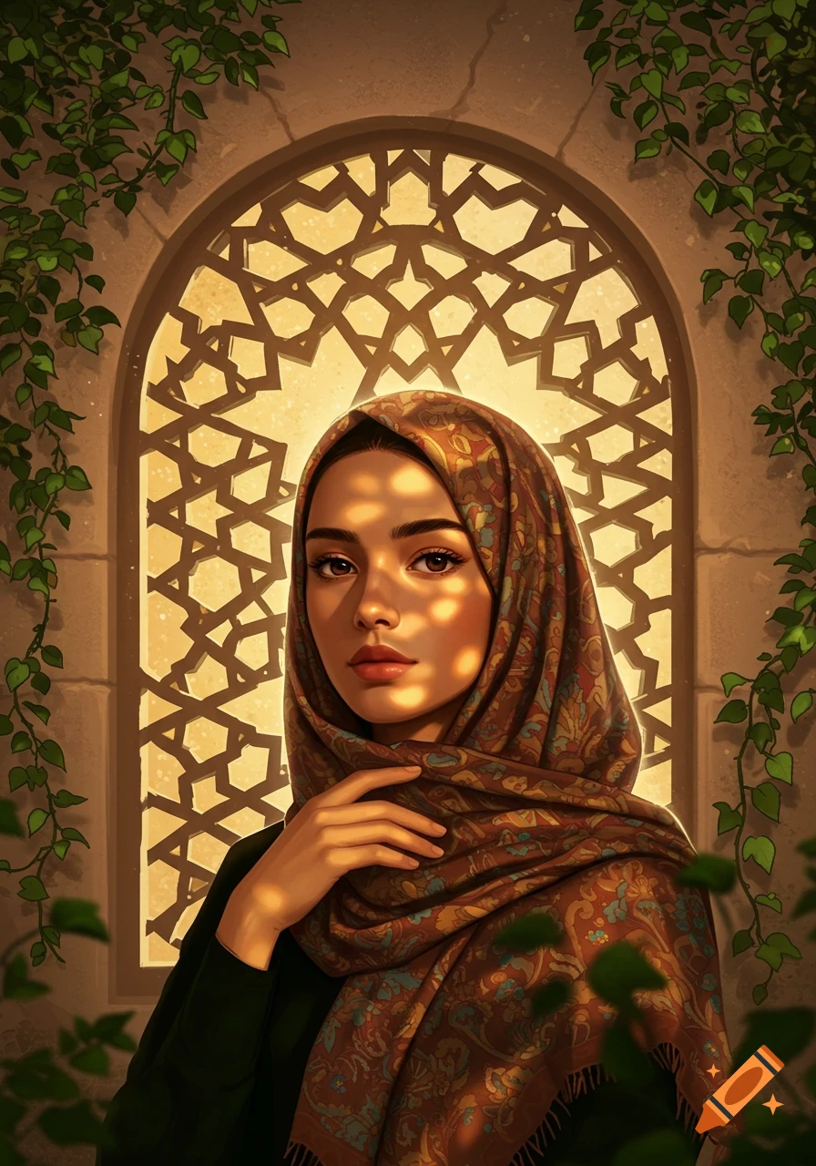 Digital painting of a young woman in a patterned hijab, illuminated by sunlight through an arched geometric window, framed by vines.