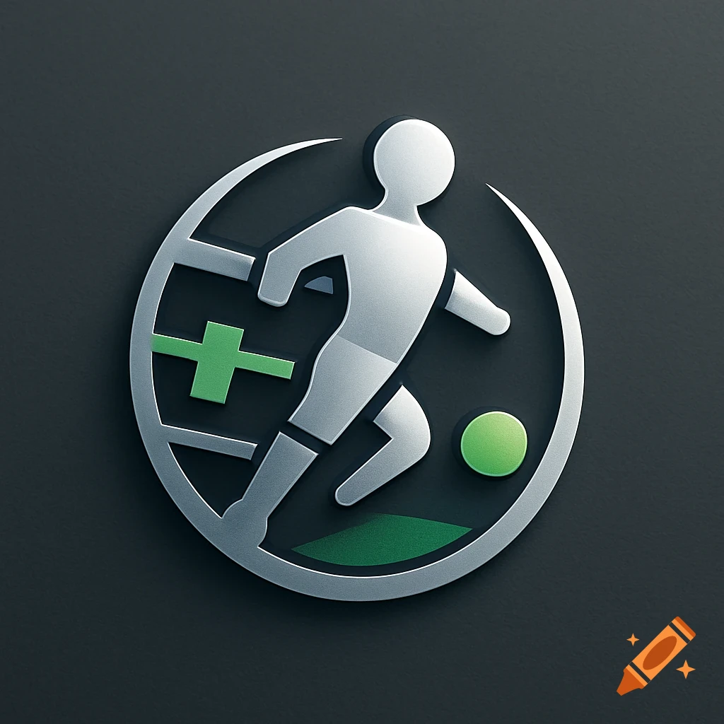 A stylized 3D logo featuring a silver soccer player kicking a green ball within a circular frame on a dark background. A green plus sign is also visible.